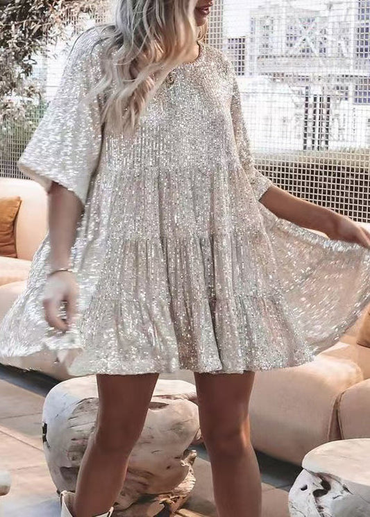 Robe mi-longue d'été surdimensionnée à paillettes beige unique