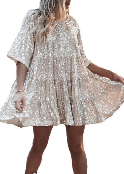 Robe mi-longue d'été surdimensionnée à paillettes beige unique
