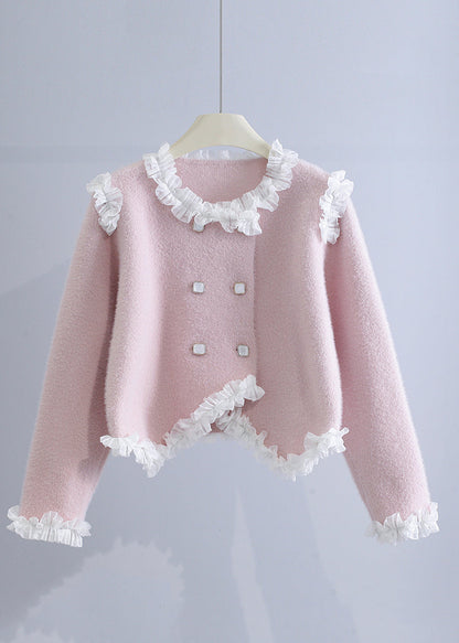 Manteau tricoté en poils de vison patchwork à volants beige unique pour l'automne WO032