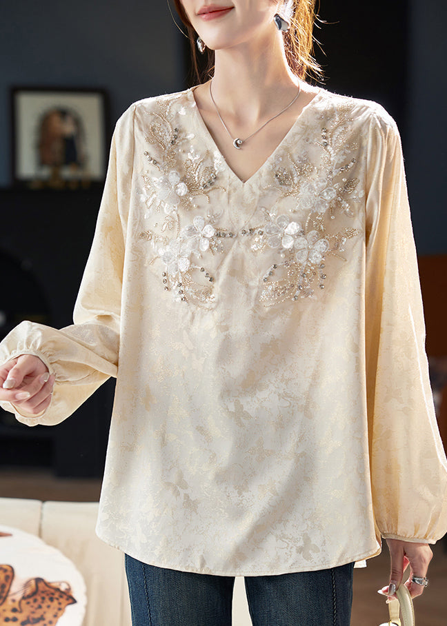 Chiffon Jacquard Einzigartiges Frühlings-V-Ausschnitt-Shirt Zirkon Beige Top