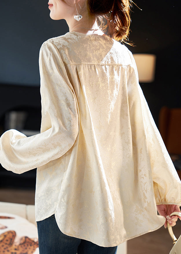 Chiffon Jacquard Einzigartiges Frühlings-V-Ausschnitt-Shirt Zirkon Beige Top