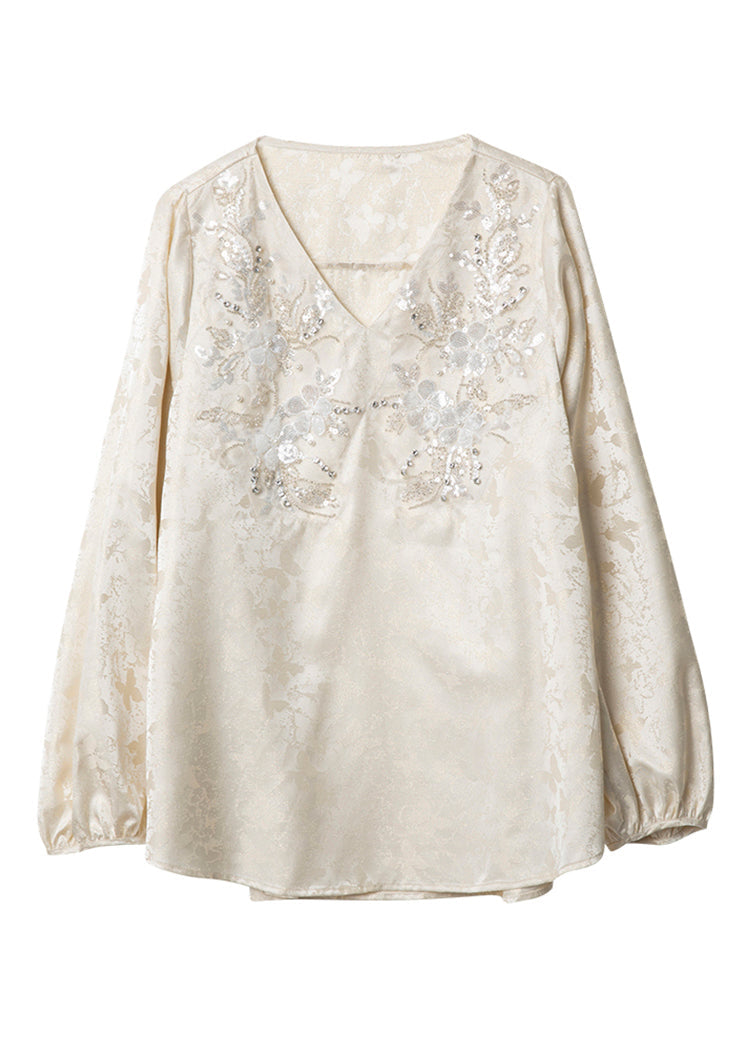 Chiffon Jacquard Einzigartiges Frühlings-V-Ausschnitt-Shirt Zirkon Beige Top