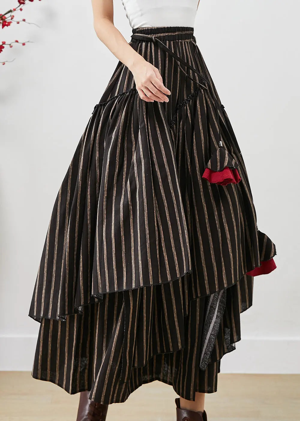 Unique Black Asymmetrical Striped Cotton Skirt Fall Ada Fashion