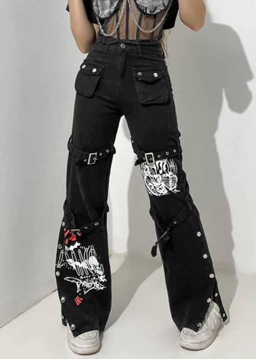 Pantalon en jean noir imprimé été poches uniques bouton
