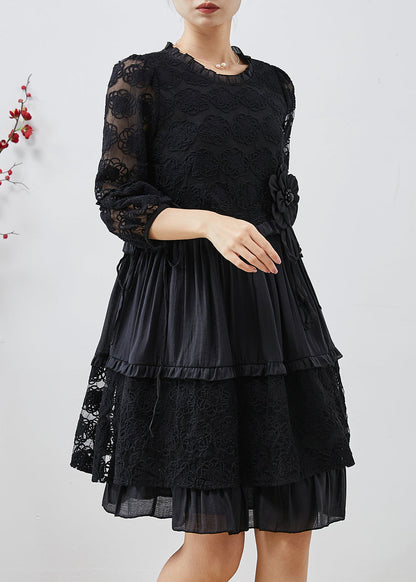 Robe mi-longue en tulle brodée de fleurs noires uniques pour l'été AP1067