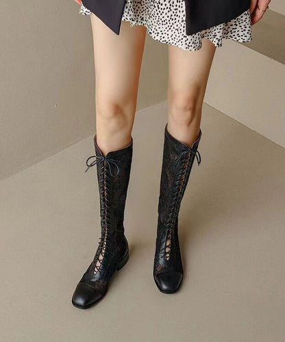 Unique Black Embroidery Floral Tulle Splicing Chunky Boots JJ075