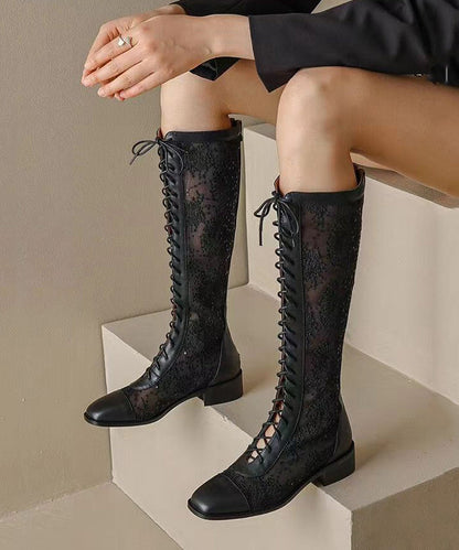 Unique Black Embroidery Floral Tulle Splicing Chunky Boots JJ075