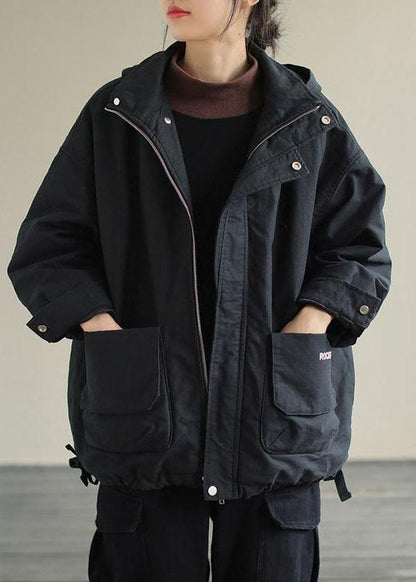 Manteau d'hiver en coton noir unique à manches longues avec poches à capuche QS041