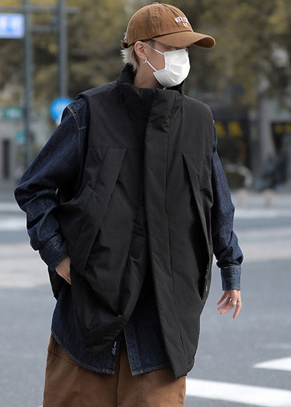 Unique Schwarze Oversize-Herrenweste mit feiner Baumwollfüllung für den Winter TK020