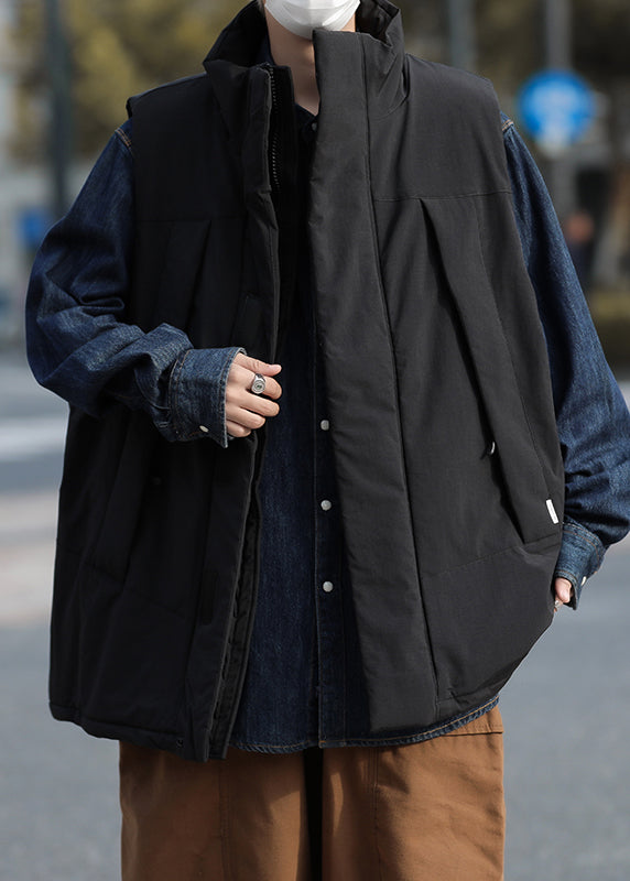 Unique Schwarze Oversize-Herrenweste mit feiner Baumwollfüllung für den Winter TK020