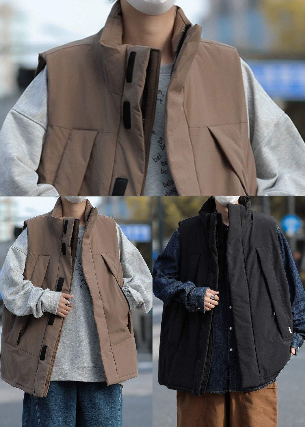 Unique Schwarze Oversize-Herrenweste mit feiner Baumwollfüllung für den Winter TK020