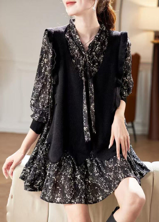 Kleid V-Ausschnitt Schwarz Print Chiffon Einzigartig Frühling Mitte