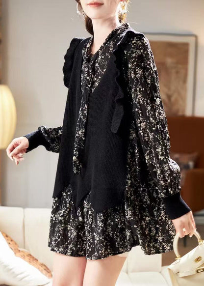 Kleid V-Ausschnitt Schwarz Print Chiffon Einzigartig Frühling Mitte
