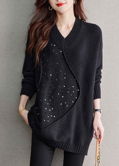 Einzigartiger schwarzer V-Ausschnitt Pailletten Patchwork Wollpullover Frühling TQ031