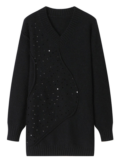 Einzigartiger schwarzer V-Ausschnitt Pailletten Patchwork Wollpullover Frühling TQ031