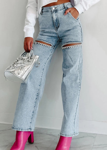 Blue Summer High Unique Straight Pockets Jeans Hole Waist