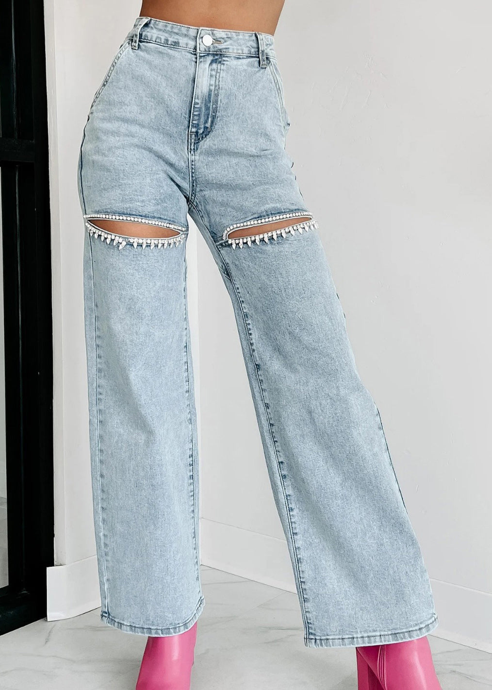 Blue Summer High Unique Straight Pockets Jeans Hole Waist