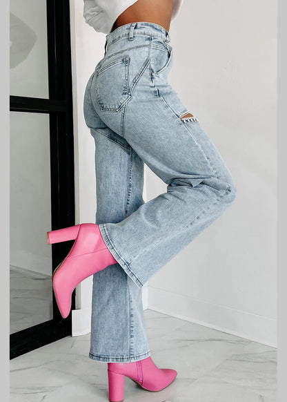 Blue Summer High Unique Straight Pockets Jeans Hole Waist