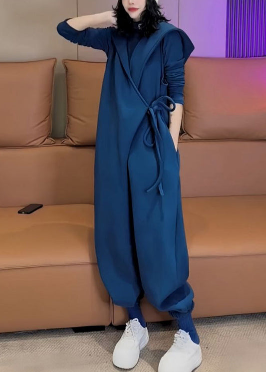 Unique Blauer warmer Fleece-Overall mit Kapuze und Schnürung, Frühling YY037