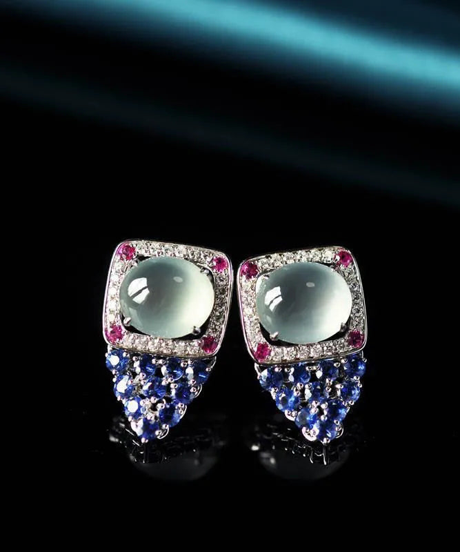 Unique Blue Sterling Silver Inlaid Zircon Gem Stone Stud Earrings AC1032