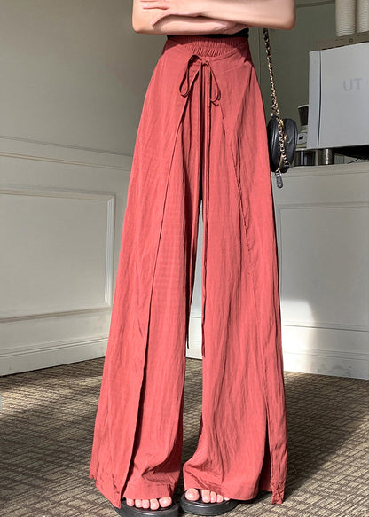 Pantalon asymétrique en lin et soie rouge brique unique à lacets Printemps YY001