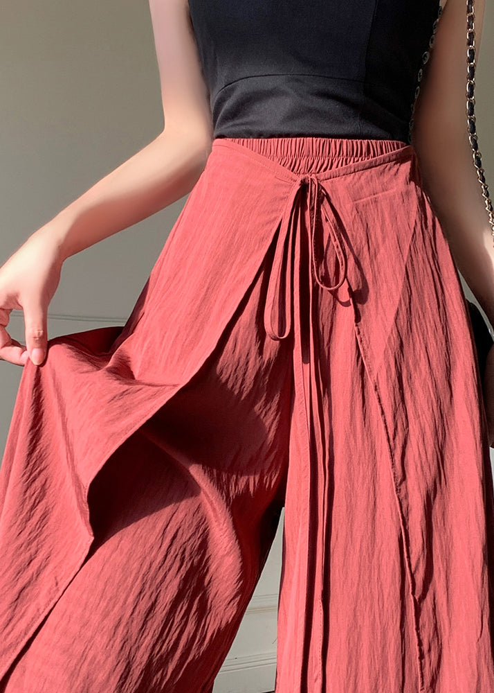 Unique Brick Red Asymmetrical Lace Up Linen Silk Pants Spring YY001