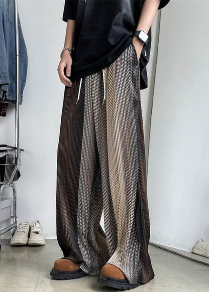Pantalon en soie à jambes larges et taille élastique pour homme, patchwork, glace, marron unique