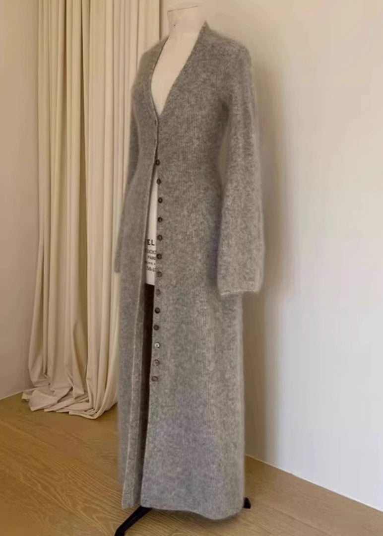 Cardigan tricoté en poils de vison marron unique, col en V, boutonné, automne RL009