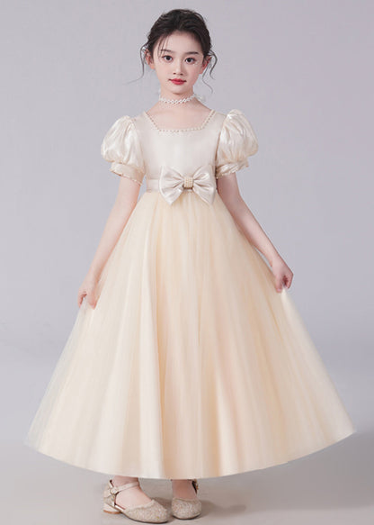 Robe longue à manches courtes en tulle avec nœud champagne et perles pour filles XZ025