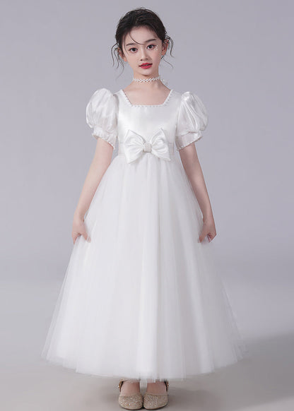 Robe longue à manches courtes en tulle avec nœud champagne et perles pour filles XZ025