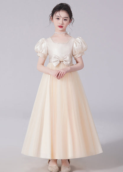 Robe longue à manches courtes en tulle avec nœud champagne et perles pour filles XZ025