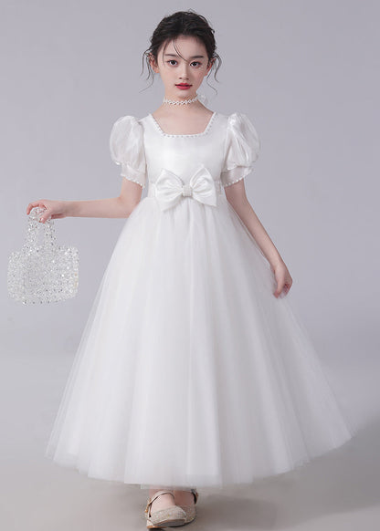 Robe longue à manches courtes en tulle avec nœud champagne et perles pour filles XZ025