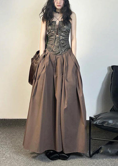 Einzigartiges kaffeefarbenes Patchwork-Kleid mit Spaghettiträgern und Taschen aus Baumwolle, ärmellos ZL048