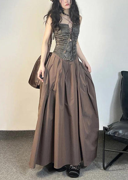 Einzigartiges kaffeefarbenes Patchwork-Kleid mit Spaghettiträgern und Taschen aus Baumwolle, ärmellos ZL048