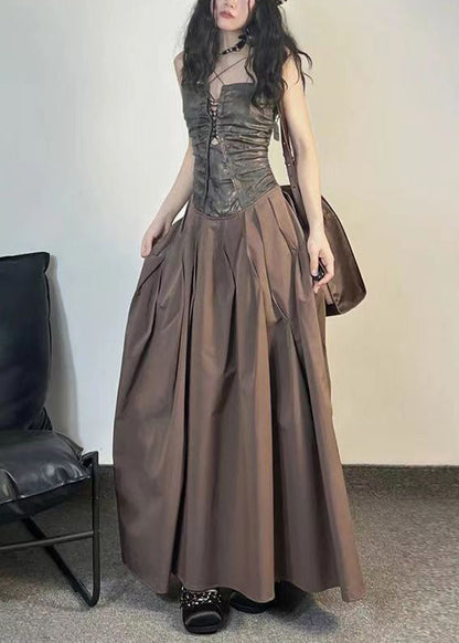 Einzigartiges kaffeefarbenes Patchwork-Kleid mit Spaghettiträgern und Taschen aus Baumwolle, ärmellos ZL048