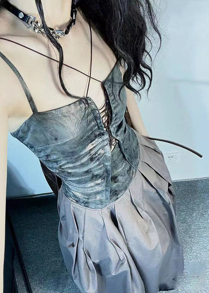 Einzigartiges kaffeefarbenes Patchwork-Kleid mit Spaghettiträgern und Taschen aus Baumwolle, ärmellos ZL048