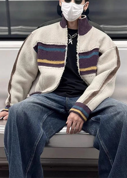 Cardigan en tricot patchwork rayé à fermeture éclair pour homme, couleur café unique, printemps TK003