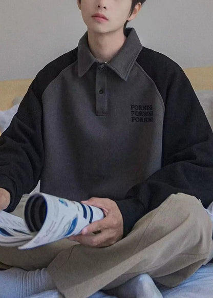 Unique Dunkelgrau Peter Pan Kragen Patchwork Warm Fleece Herren Sweatshirt Herbst EQ006