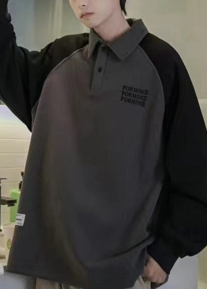 Unique Dunkelgrau Peter Pan Kragen Patchwork Warm Fleece Herren Sweatshirt Herbst EQ006