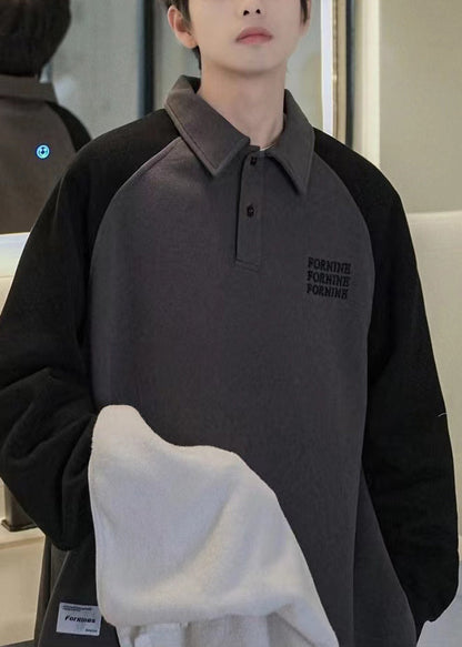 Unique Dunkelgrau Peter Pan Kragen Patchwork Warm Fleece Herren Sweatshirt Herbst EQ006