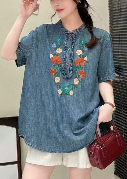 Chemise d'été à volants en denim bleu brodé unique