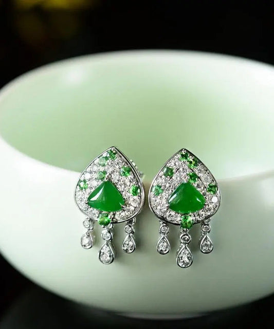 Unique Green Sterling Silver Zircon Icy Species Chalcedony Tassel Stud Earrings WO005