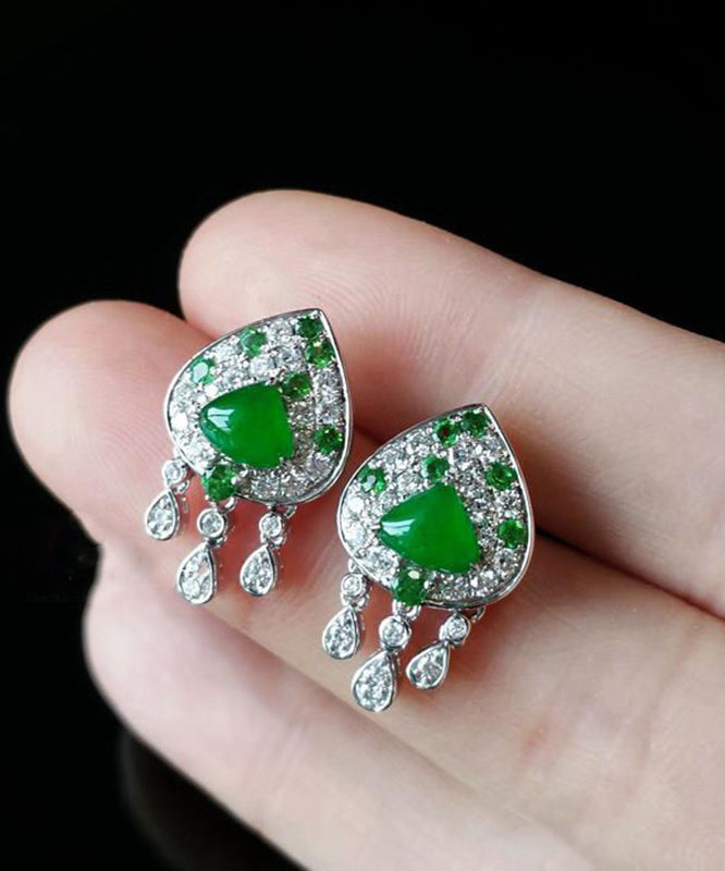 Unique Green Sterling Silver Zircon Icy Species Chalcedony Tassel Stud Earrings WO005