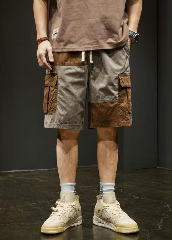 Einzigartige Taschen Elastische Shorts Grau Baumwolle Taille Patchwork Männer