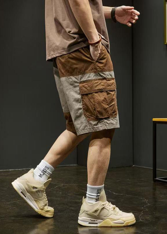 Einzigartige Taschen Elastische Shorts Grau Baumwolle Taille Patchwork Männer