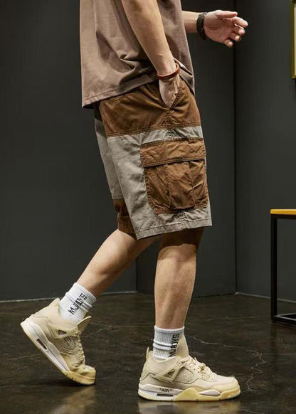 Einzigartige Taschen Elastische Shorts Grau Baumwolle Taille Patchwork Männer