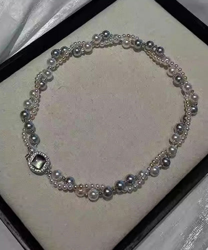 Collier unique en argent sterling gris avec perles graduées à double couche et zircon QJ038