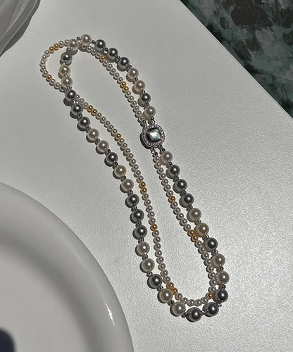 Collier unique en argent sterling gris avec perles graduées à double couche et zircon QJ038