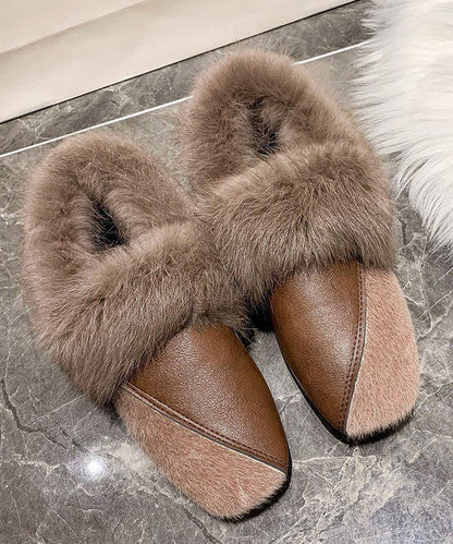 Unique Khaki Penny Loafers Splicing Fuzzy Wool Lined TQ062