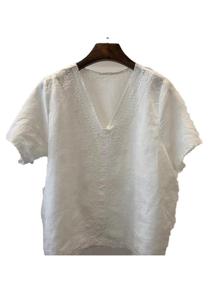 Einzigartiges Sommerhemd aus leichtem Leinen mit V-Stickerei in Blau